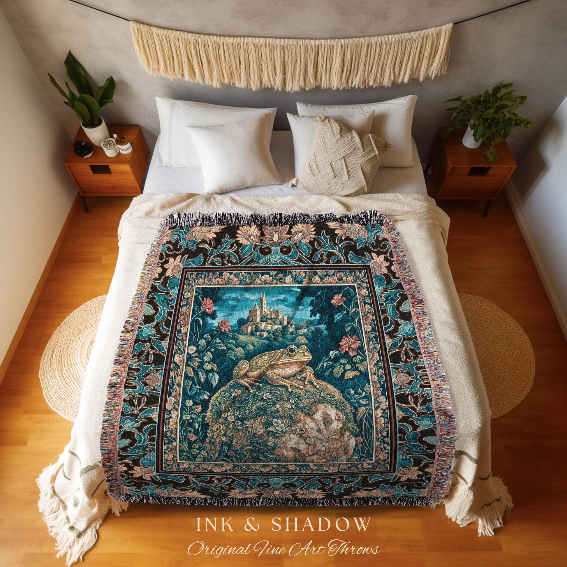 Fairytale Aesthetic Toad Blanket | Frog Lover Bedroom Accent Goblincore Woven Tapestry Dark Cottagecore Magic Eclectic Fairycore Book Nook