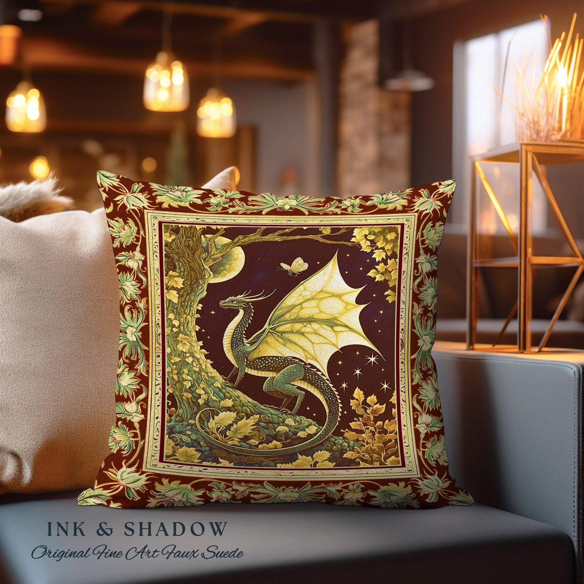 Mystical Dragon Pillow Gilded Hygge Antique Moonlit Forest Fantasy Art | Vintage Celestial Romantic Baroque Woodland Gothic Tapestry Cushion