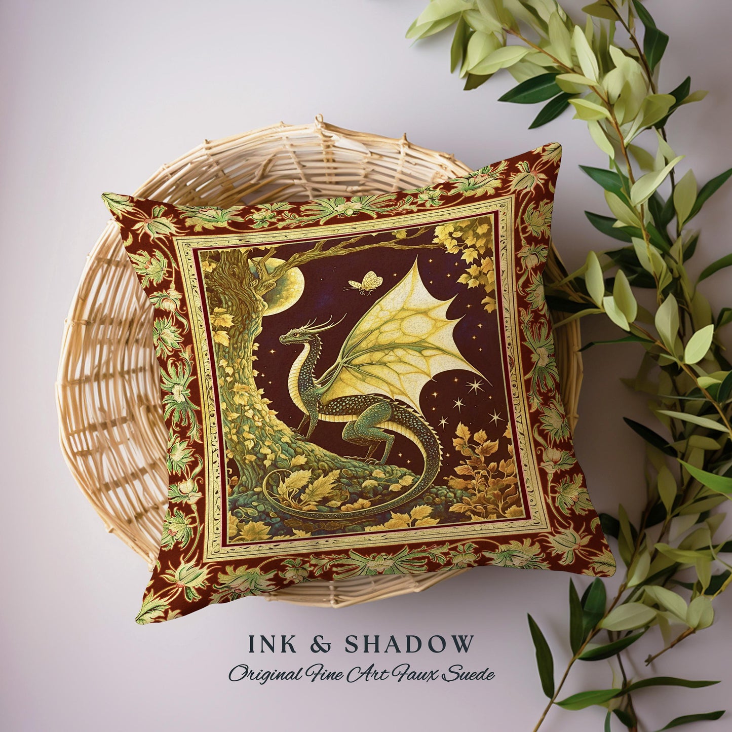 Mystical Dragon Pillow Gilded Hygge Antique Moonlit Forest Fantasy Art | Vintage Celestial Romantic Baroque Woodland Gothic Tapestry Cushion