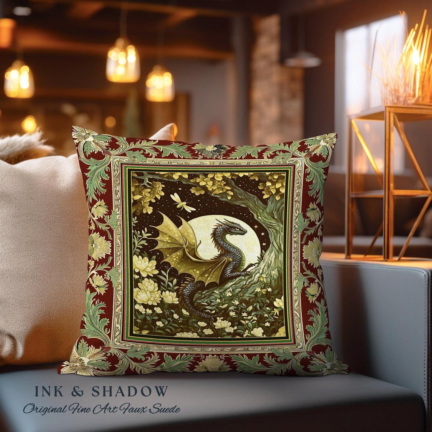 Woodland Gothic Dragon Pillow Mystical Forest Green Full Moon Celestial Magic Fantasy | Whimsigothic Enchanted Fairytale Tapestry Cushion |