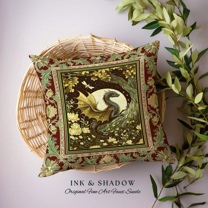 Woodland Gothic Dragon Pillow Mystical Forest Green Full Moon Celestial Magic Fantasy | Whimsigothic Enchanted Fairytale Tapestry Cushion |