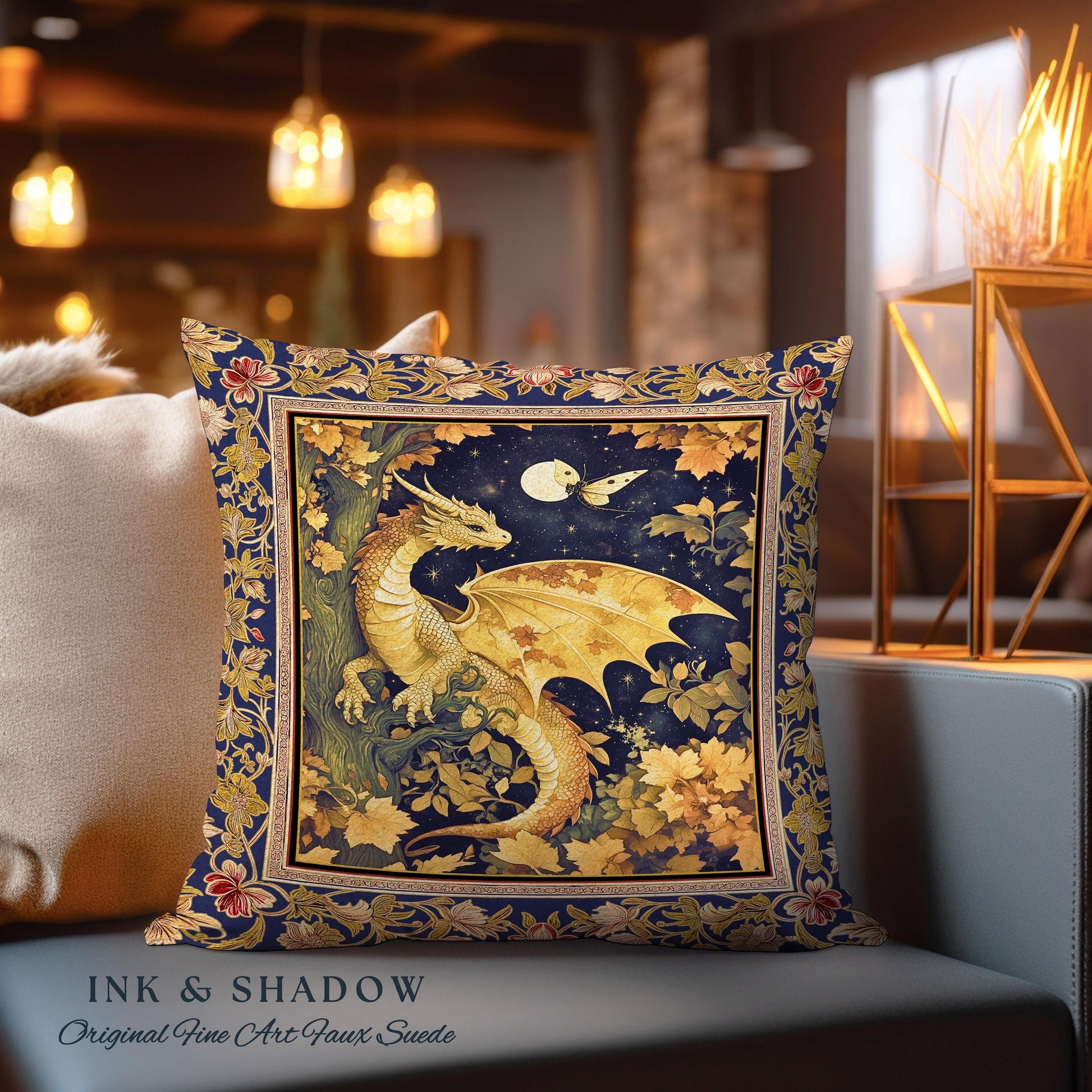 Ethereal Dragon Tapestry Pillow Antique Mystical Moonlit Forest Fairytale Decor | Enchanted Fairycore Celestial Night Fantasy Art Cushion |