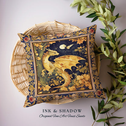 Ethereal Dragon Tapestry Pillow Antique Mystical Moonlit Forest Fairytale Decor | Enchanted Fairycore Celestial Night Fantasy Art Cushion |