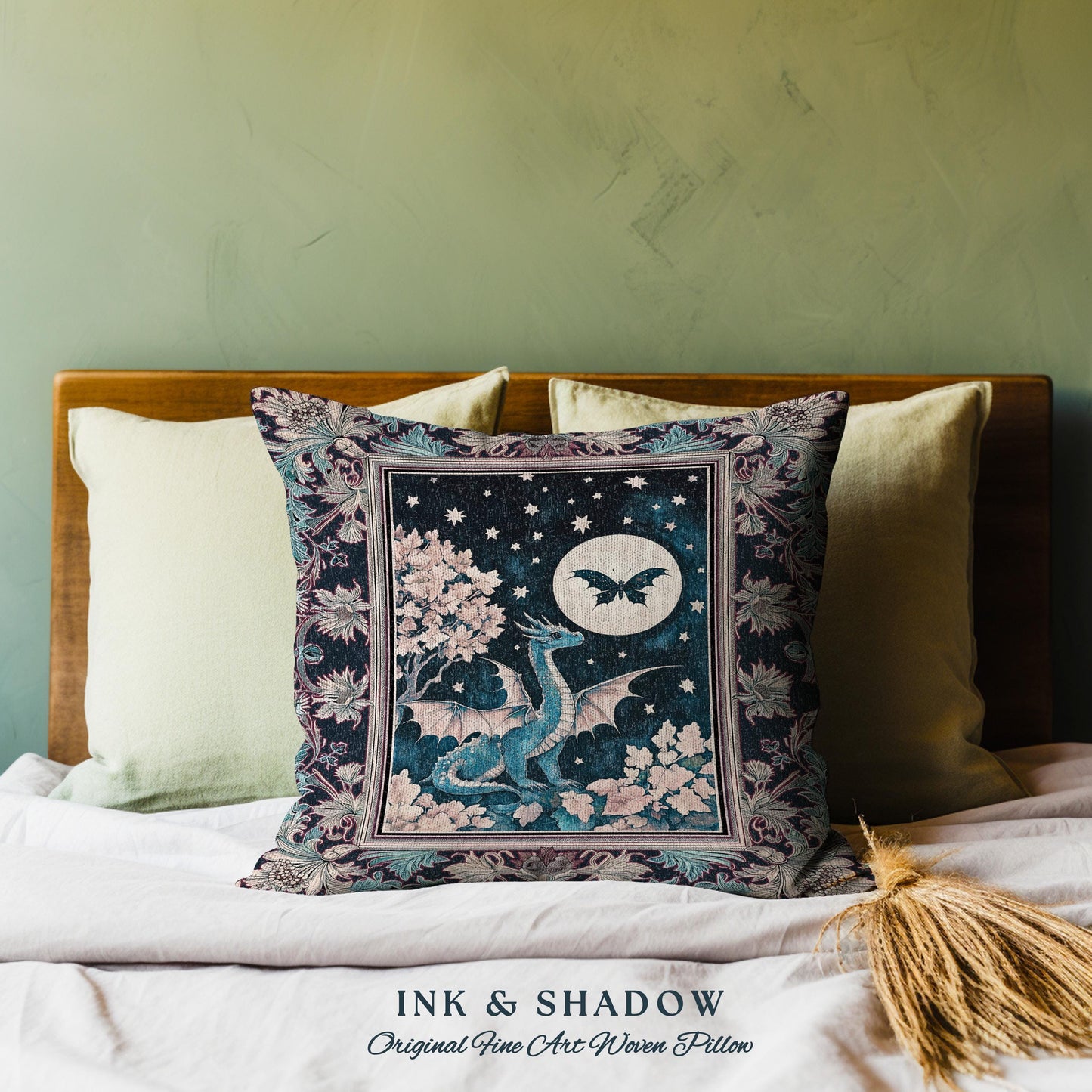 Enchanted Fall Forest Celestial Dragon Pillow Whimsical Starry Night | Magical Woodland Goblincore Mystical Moon Fairytale Ethereal Cushion