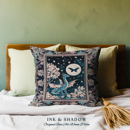 Enchanted Fall Forest Celestial Dragon Pillow Whimsical Starry Night | Magical Woodland Goblincore Mystical Moon Fairytale Ethereal Cushion