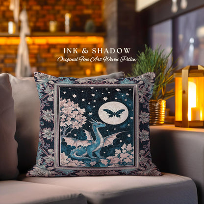 Enchanted Fall Forest Celestial Dragon Pillow Whimsical Starry Night | Magical Woodland Goblincore Mystical Moon Fairytale Ethereal Cushion