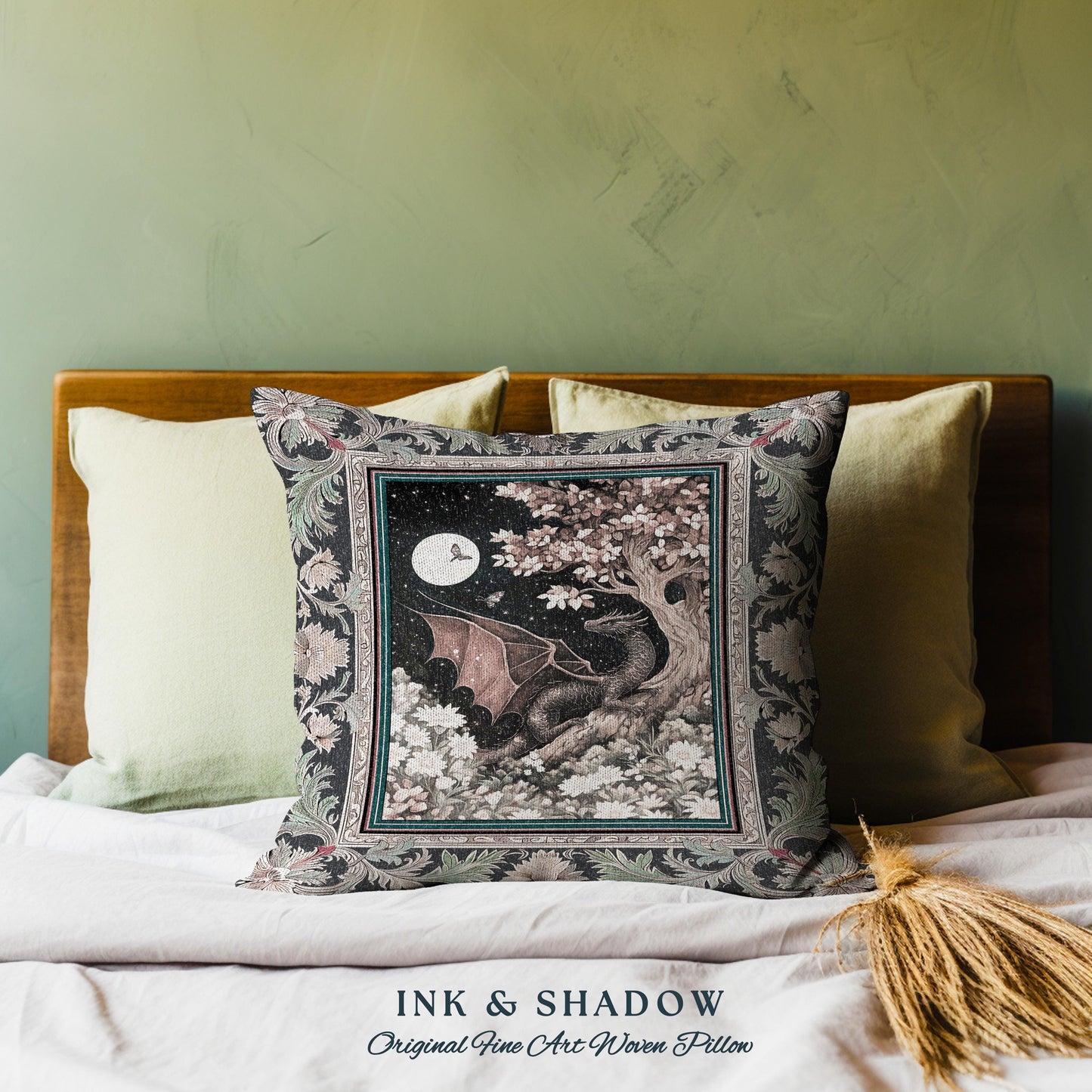 Dreamscape Pillow Twilight Dragon Dark Floral Enchanted Victorian Gothic Pillow | Mystic Forest Whimsical Folklore Magic Tapestry Cushion |