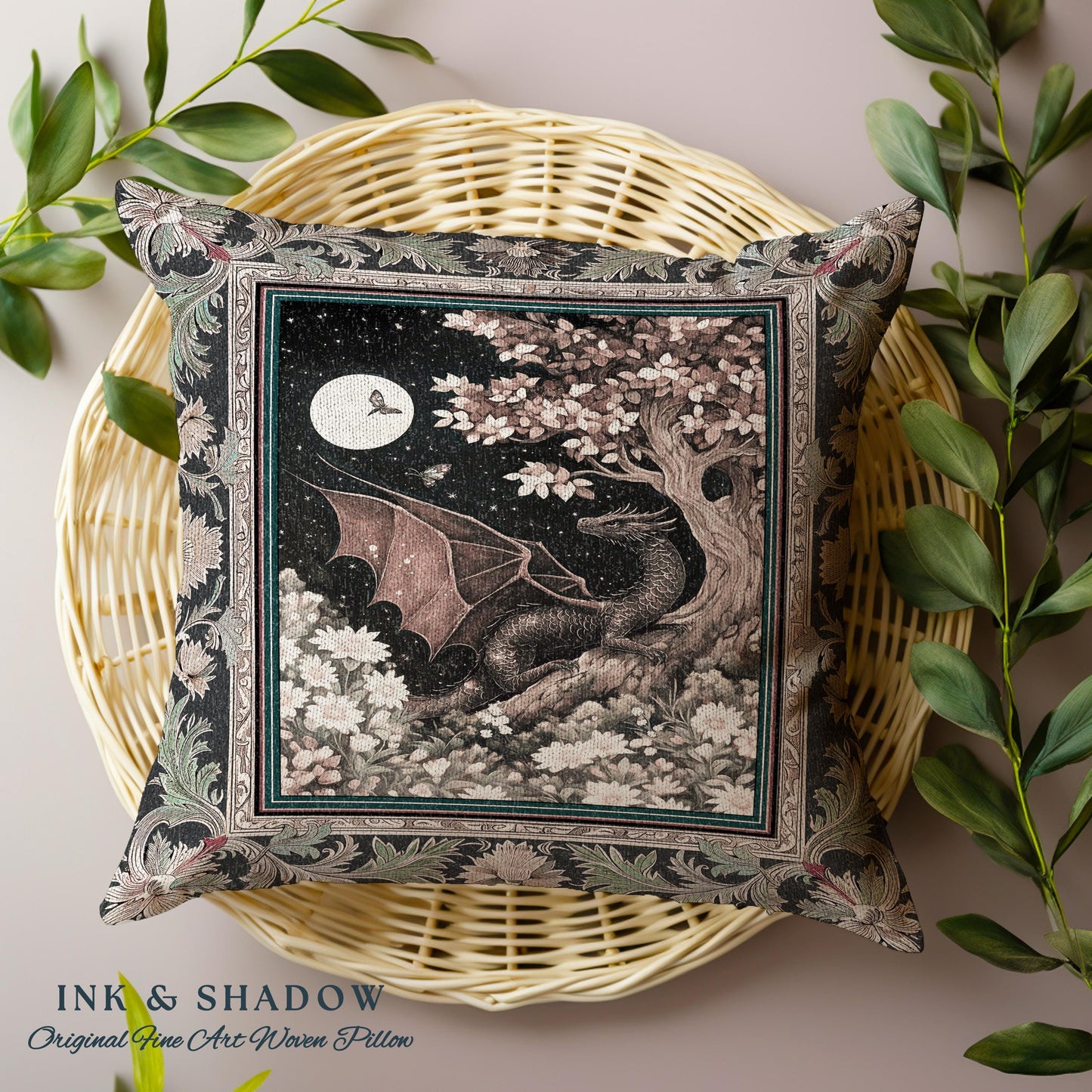 Dreamscape Pillow Twilight Dragon Dark Floral Enchanted Victorian Gothic Pillow | Mystic Forest Whimsical Folklore Magic Tapestry Cushion |