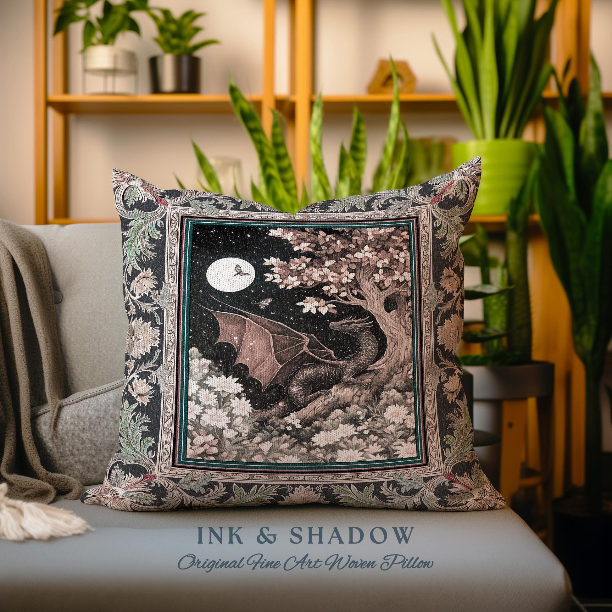 Dreamscape Pillow Twilight Dragon Dark Floral Enchanted Victorian Gothic Pillow | Mystic Forest Whimsical Folklore Magic Tapestry Cushion |