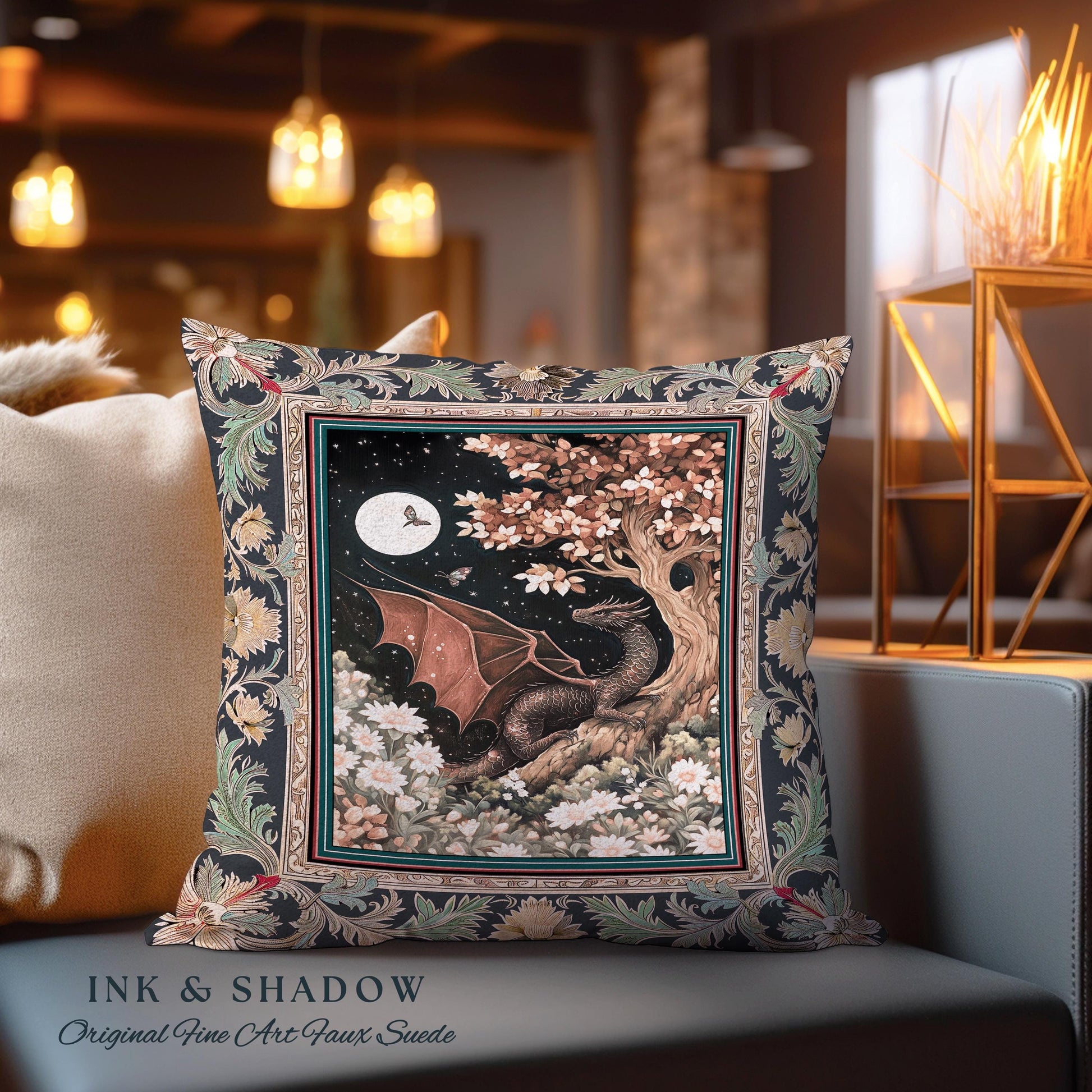 Dreamscape Pillow Twilight Dragon Dark Floral Enchanted Victorian Gothic Pillow | Mystic Forest Whimsical Folklore Magic Tapestry Cushion |