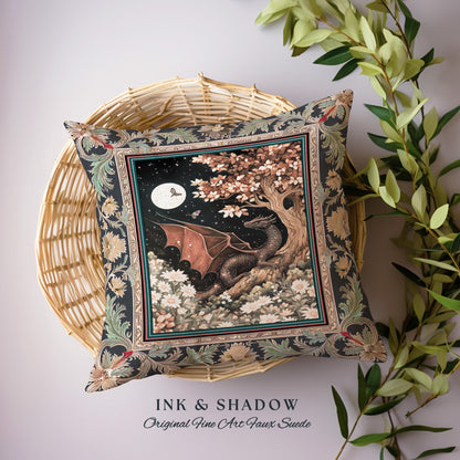 Dreamscape Pillow Twilight Dragon Dark Floral Enchanted Victorian Gothic Pillow | Mystic Forest Whimsical Folklore Magic Tapestry Cushion |