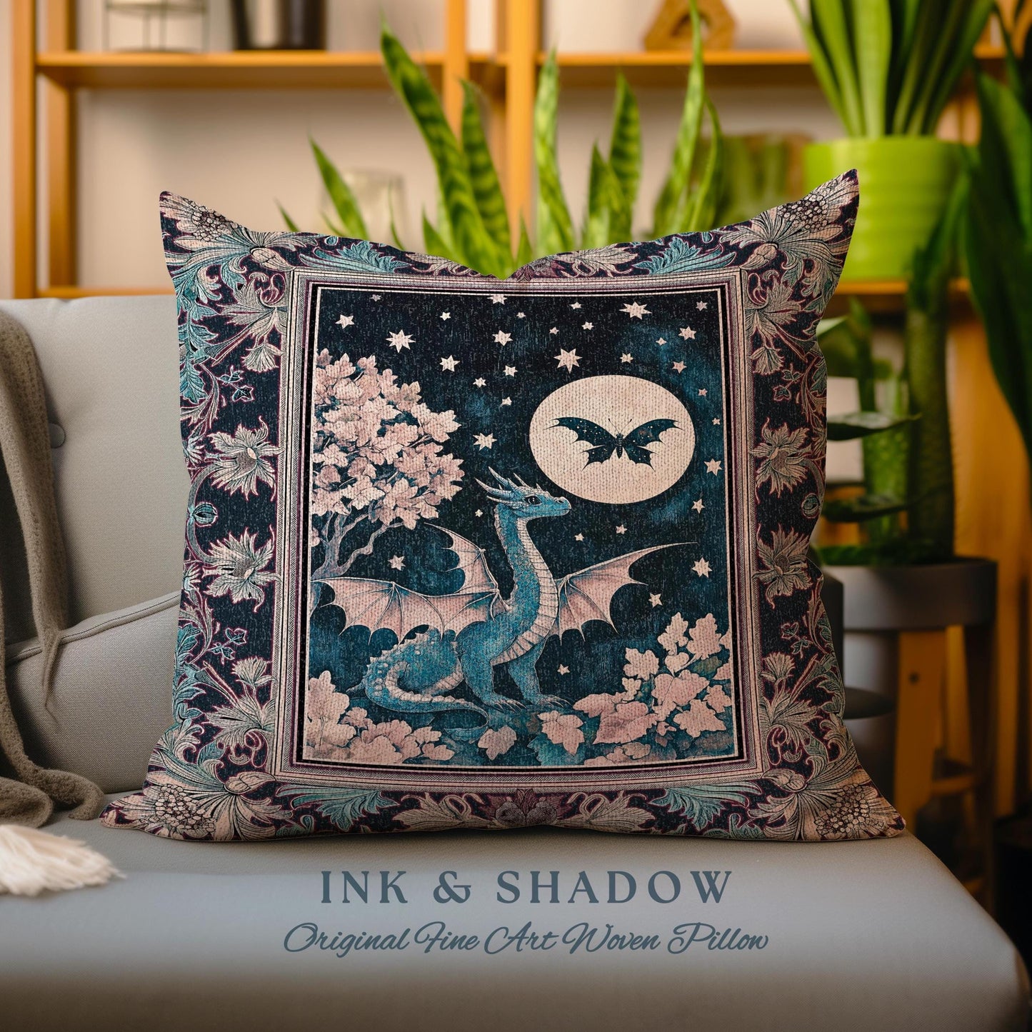 Enchanted Fall Forest Celestial Dragon Pillow Whimsical Starry Night | Magical Woodland Goblincore Mystical Moon Fairytale Ethereal Cushion