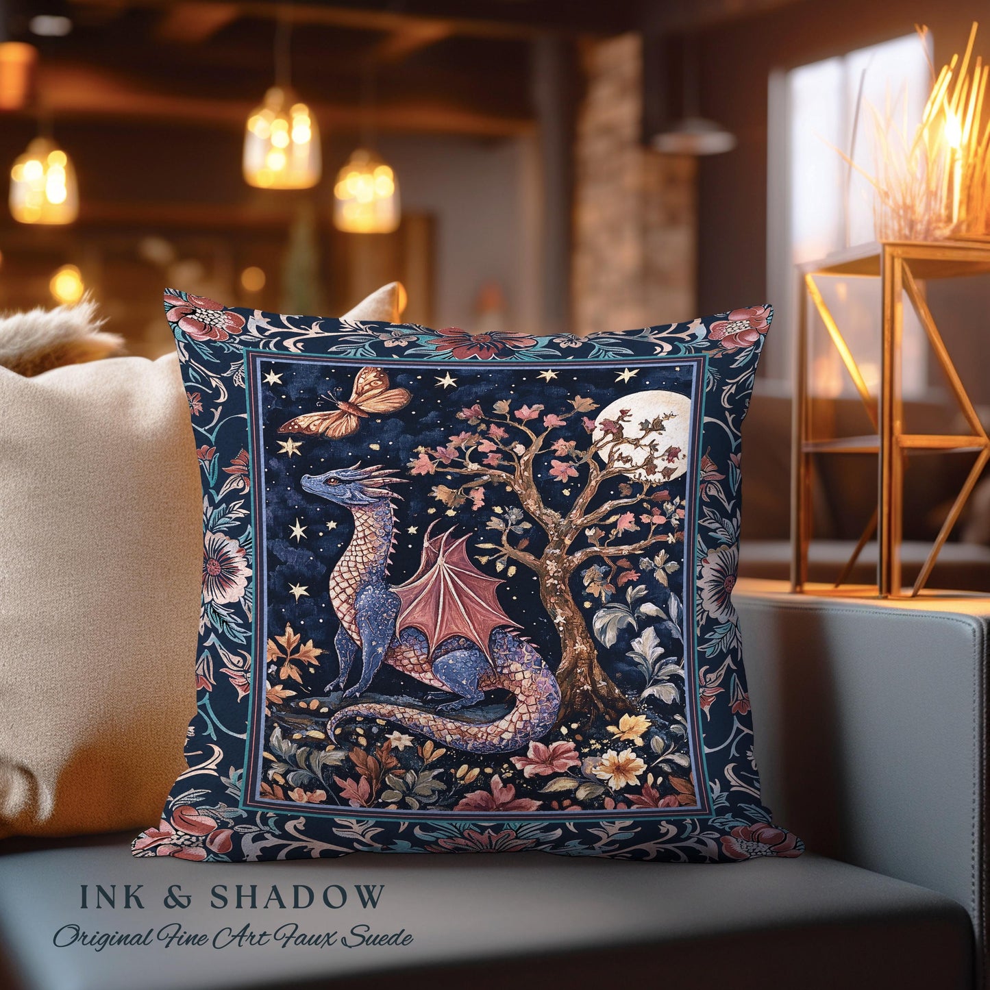 Enchanted Woodland Dragon Pillow Mystical Night Sky Decor | Moonlit Forest Whimsigothic Tapestry Cushion Celestial Dark Academia Fantasy Art