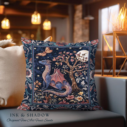 Enchanted Woodland Dragon Pillow Mystical Night Sky Decor | Moonlit Forest Whimsigothic Tapestry Cushion Celestial Dark Academia Fantasy Art