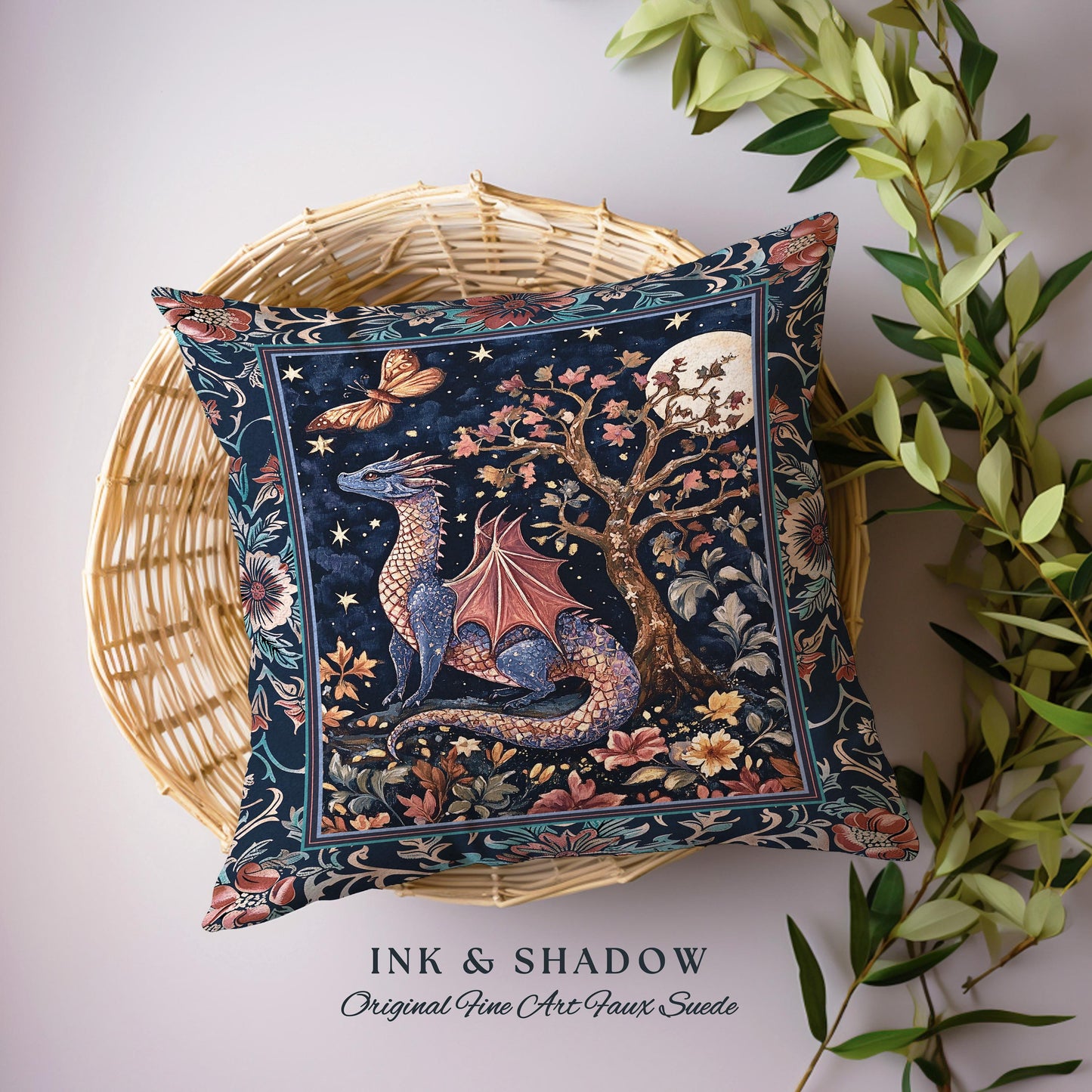 Enchanted Woodland Dragon Pillow Mystical Night Sky Decor | Moonlit Forest Whimsigothic Tapestry Cushion Celestial Dark Academia Fantasy Art