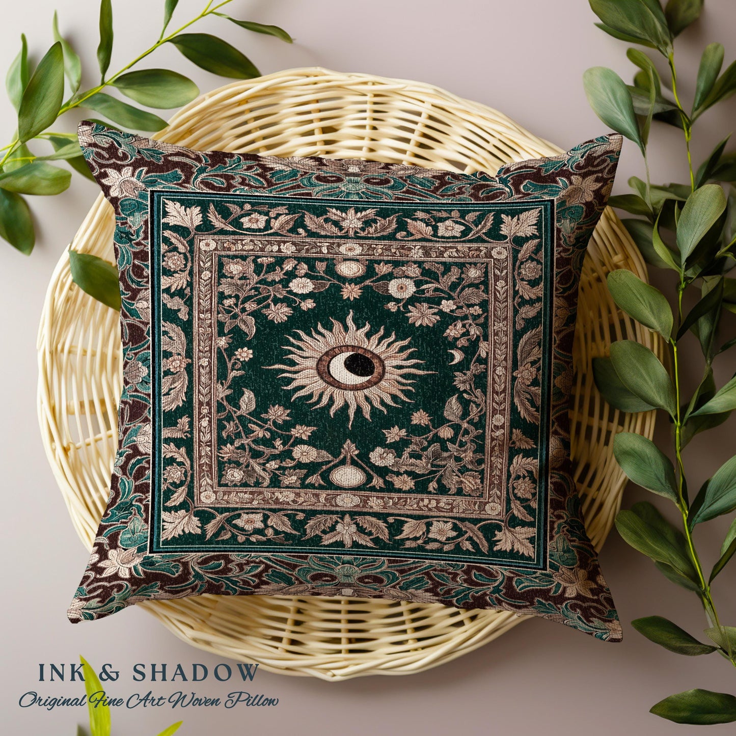 Moon and Sun Ethereal Bohemian Pillow | Celestial Tarot Aesthetic Zodiac Inspired Floral Maximalist Bed Ethereal Astrology Witchy Cushion |