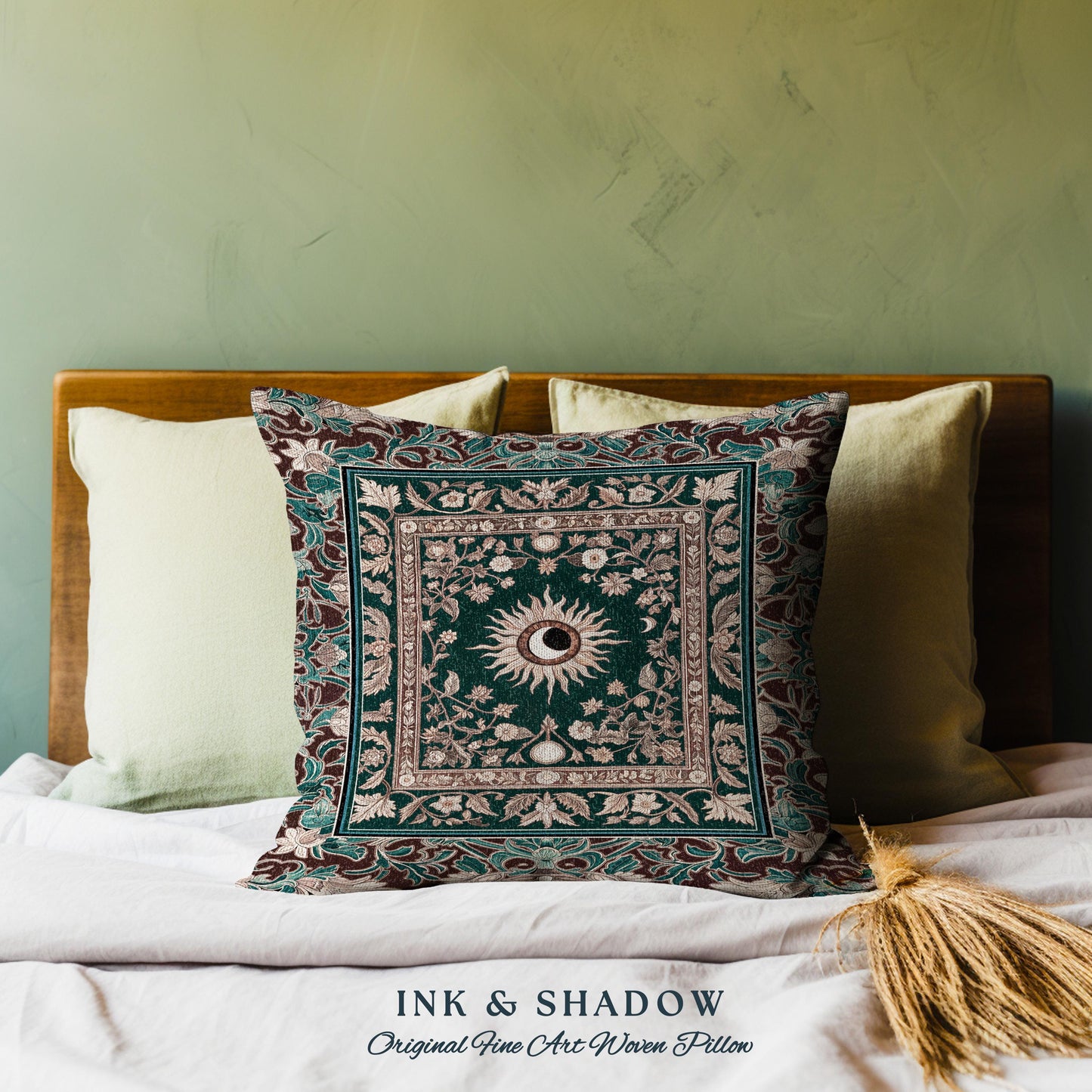 Moon and Sun Ethereal Bohemian Pillow | Celestial Tarot Aesthetic Zodiac Inspired Floral Maximalist Bed Ethereal Astrology Witchy Cushion |