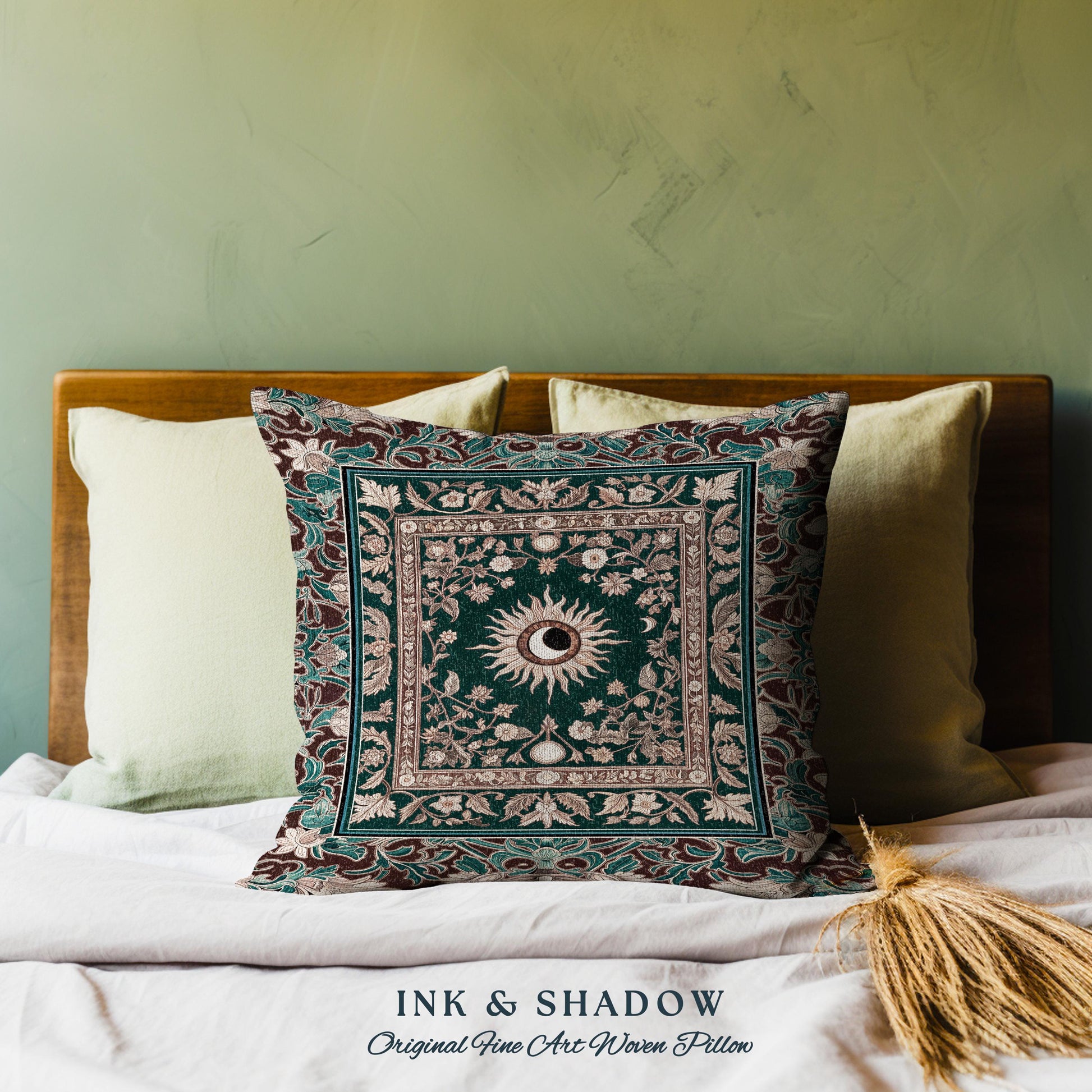 Moon and Sun Ethereal Bohemian Pillow | Celestial Tarot Aesthetic Zodiac Inspired Floral Maximalist Bed Ethereal Astrology Witchy Cushion |