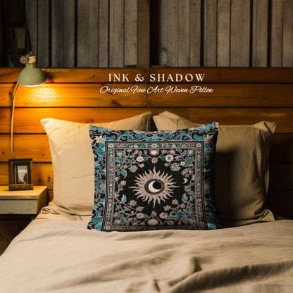 Mystic Moon Dark Academia Pillow | Celestial Tarot Inspired Gothic Maximalist Bedroom Woven Tapestry Cushion Whimsical Astrology Ethereal |