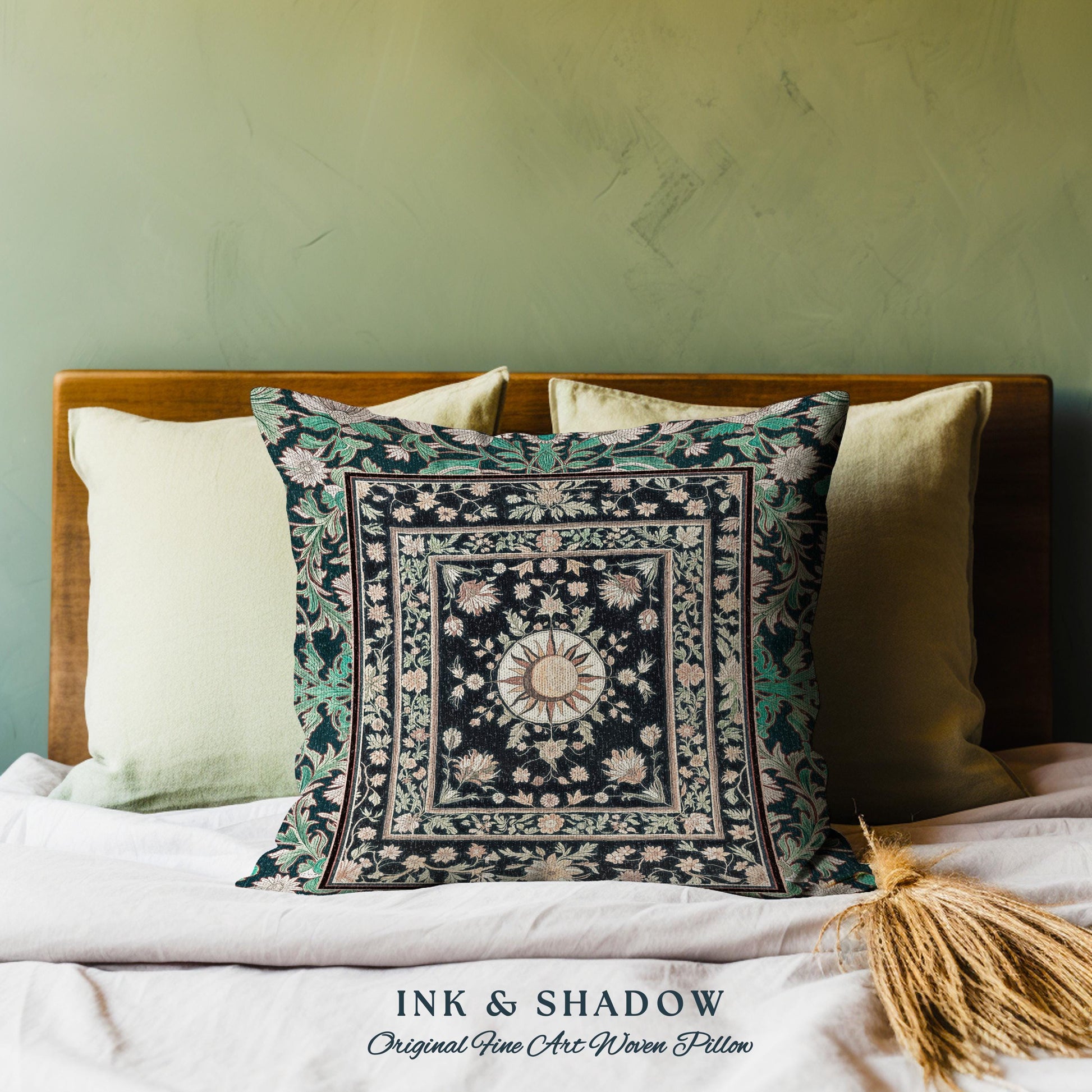 Witchy Sun Dark Academia Pillow | Bohemian Rustic Whimsical Gothic Maximalist Tapestry Cushion Whimsical Celestial Astrology Magic Aesthetic