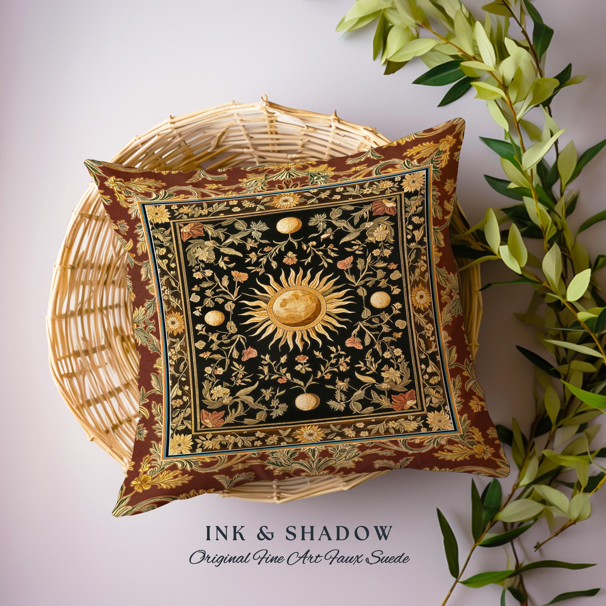 Dark Skies Celestial Accent Pillow | Enchanted Celestial Witchy Astrology Boho Maximalist Decor Sun & Moon Tarot Boho Woven Tapestry Cushion