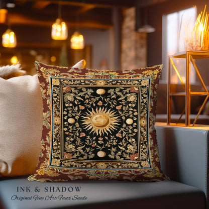 Dark Skies Celestial Accent Pillow | Enchanted Celestial Witchy Astrology Boho Maximalist Decor Sun & Moon Tarot Boho Woven Tapestry Cushion