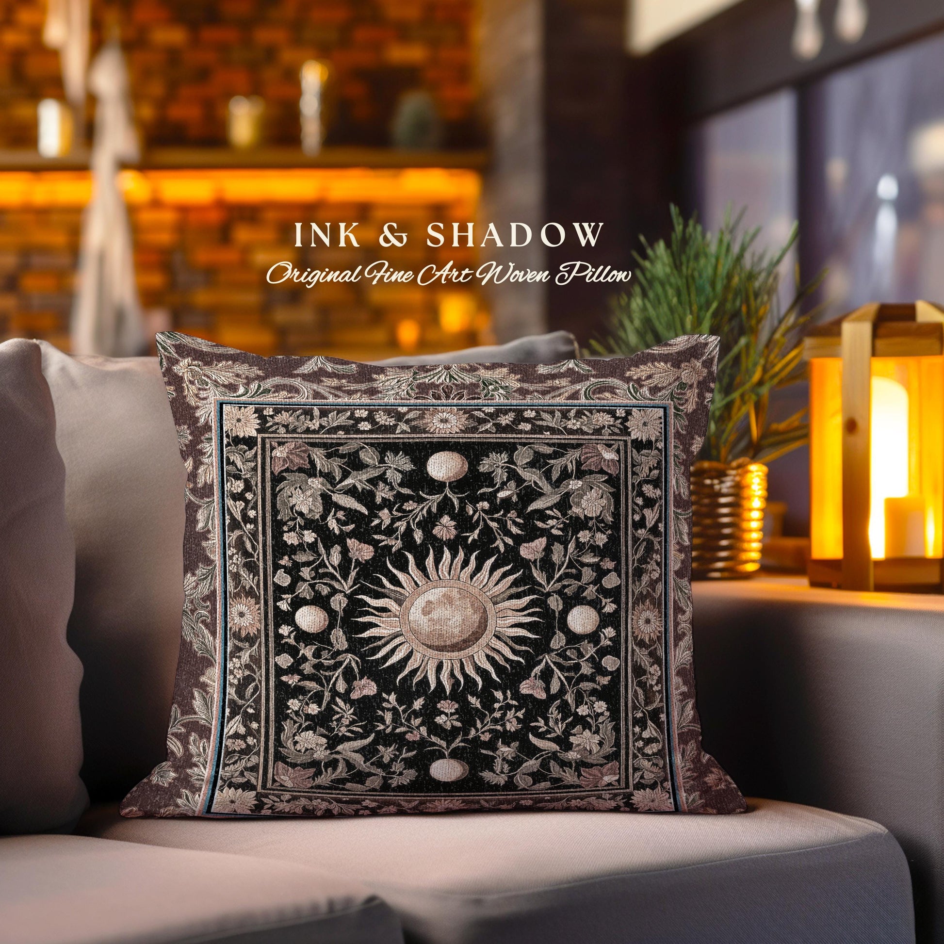 Dark Skies Celestial Accent Pillow | Enchanted Celestial Witchy Astrology Boho Maximalist Decor Sun & Moon Tarot Boho Woven Tapestry Cushion