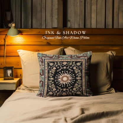 Ethereal Energy Celestial Bedroom Cushion | Mystic Boho Maximalist Astrology Inspired Witchy Sun & Moon Gothic Tarot Aesthetic Woven Pillow