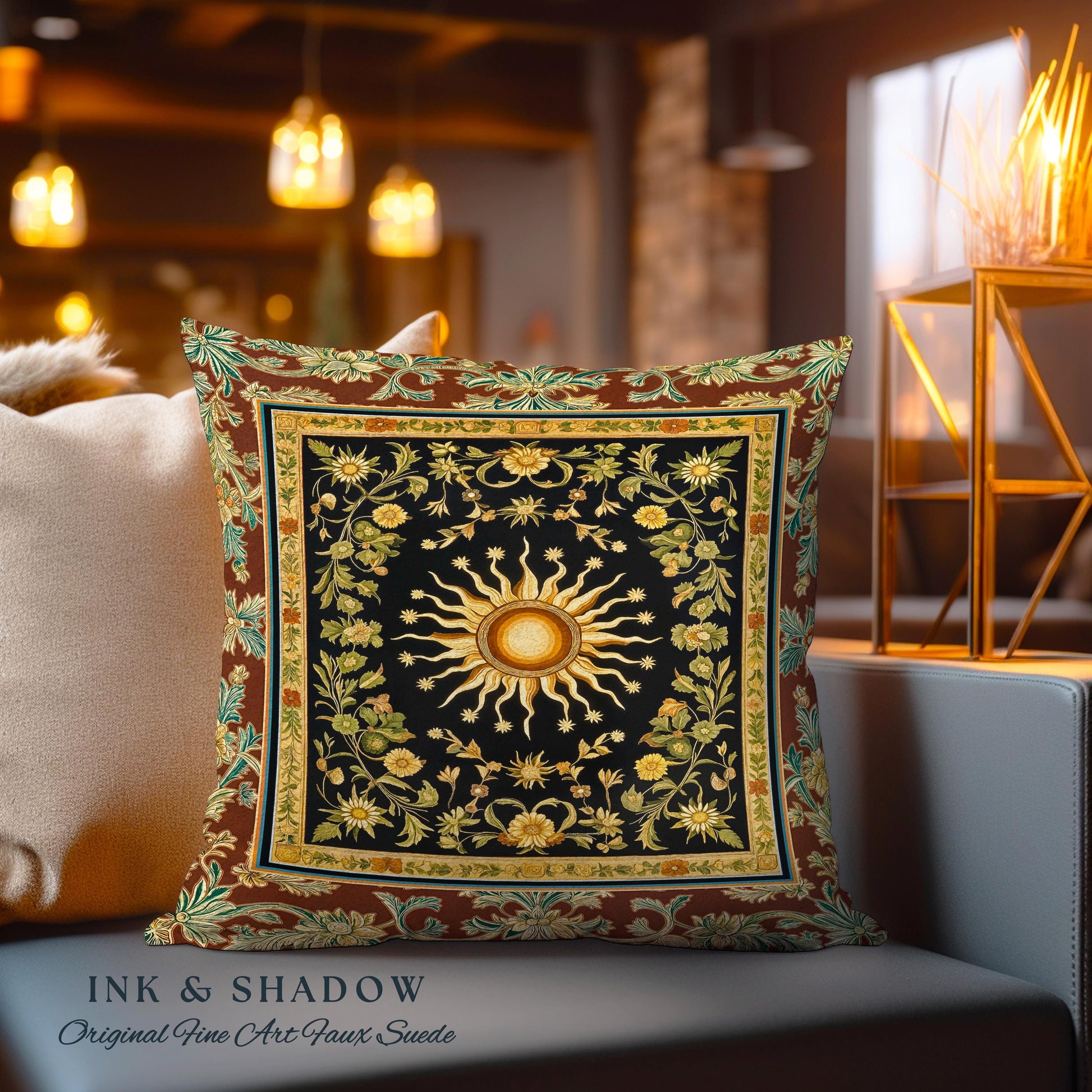 Ethereal Energy Celestial Bedroom Cushion | Mystic Boho Maximalist Astrology Inspired Witchy Sun & Moon Gothic Tarot Aesthetic Woven Pillow