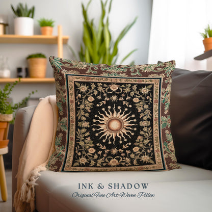 Ethereal Energy Celestial Bedroom Cushion | Mystic Boho Maximalist Astrology Inspired Witchy Sun & Moon Gothic Tarot Aesthetic Woven Pillow