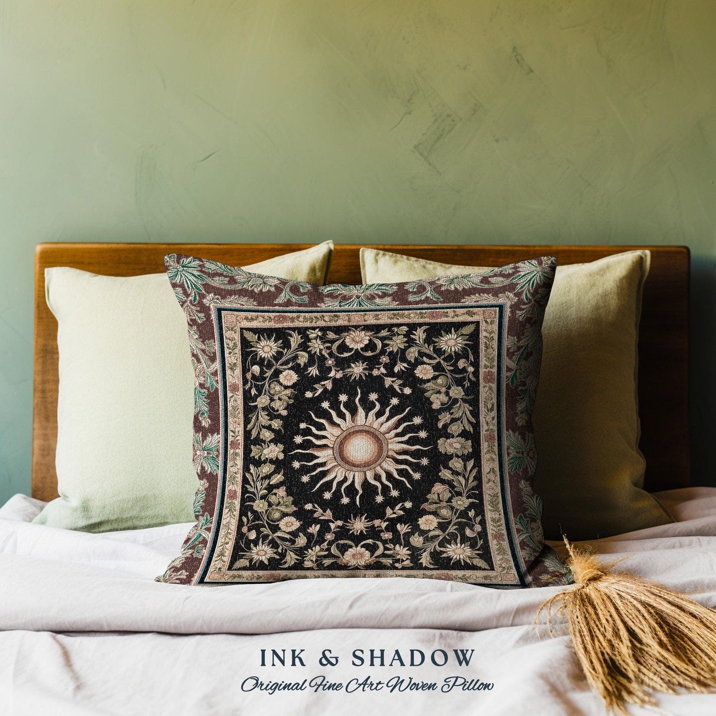 Ethereal Energy Celestial Bedroom Cushion | Mystic Boho Maximalist Astrology Inspired Witchy Sun & Moon Gothic Tarot Aesthetic Woven Pillow