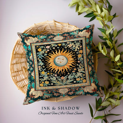 Enchanted Zodiac Mystic Accent Pillow | Celestial Gothic Tarot Inspired Astrology Bohemian Sun & Moon Witchy Maximalist Dreamy Woven Cushion