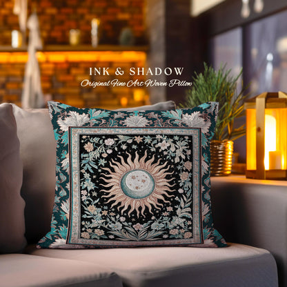 Enchanted Zodiac Mystic Accent Pillow | Celestial Gothic Tarot Inspired Astrology Bohemian Sun & Moon Witchy Maximalist Dreamy Woven Cushion