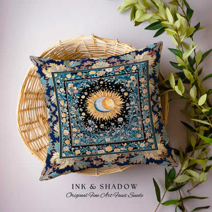 Lunar Energy Peaceful Bedroom Cushion | Gothic Bohemian Astrology Mystic Whimsical Sun & Moon Maximalist Witchy Tarot Woven Accent Pillow |