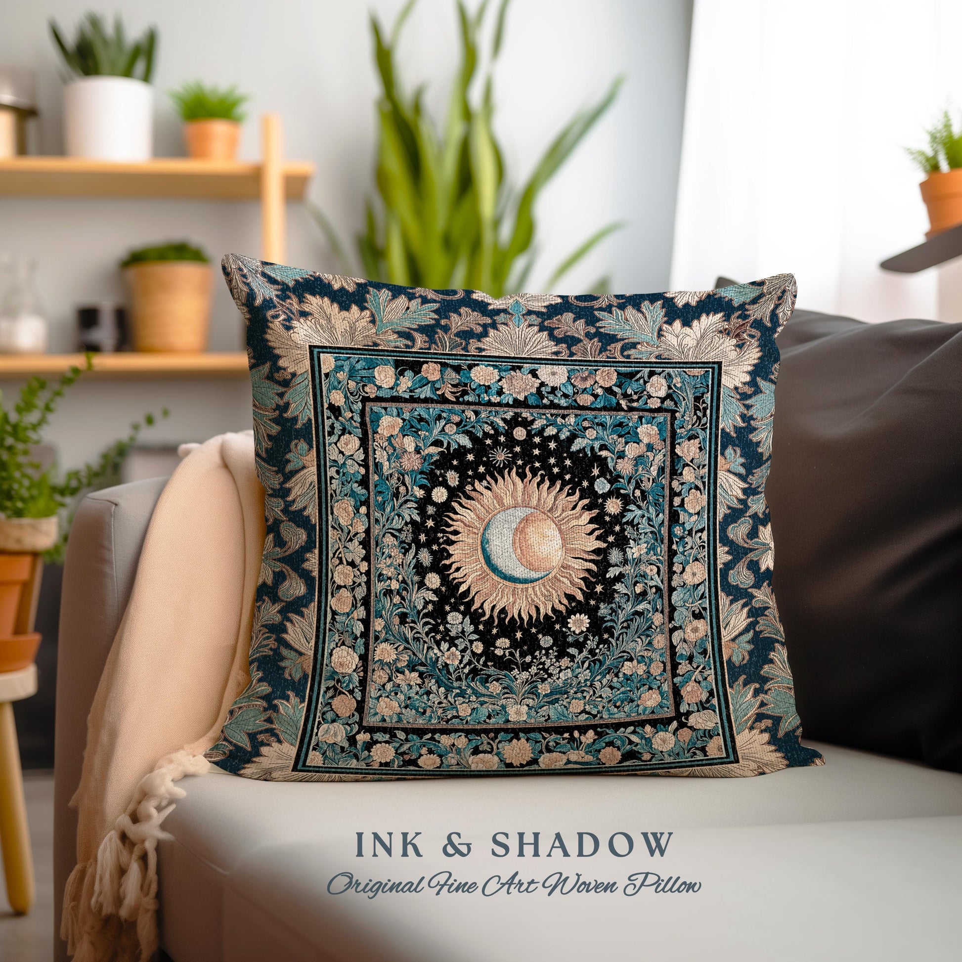 Lunar Energy Peaceful Bedroom Cushion | Gothic Bohemian Astrology Mystic Whimsical Sun & Moon Maximalist Witchy Tarot Woven Accent Pillow |