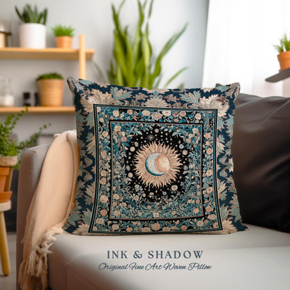 Lunar Energy Peaceful Bedroom Cushion | Gothic Bohemian Astrology Mystic Whimsical Sun & Moon Maximalist Witchy Tarot Woven Accent Pillow |