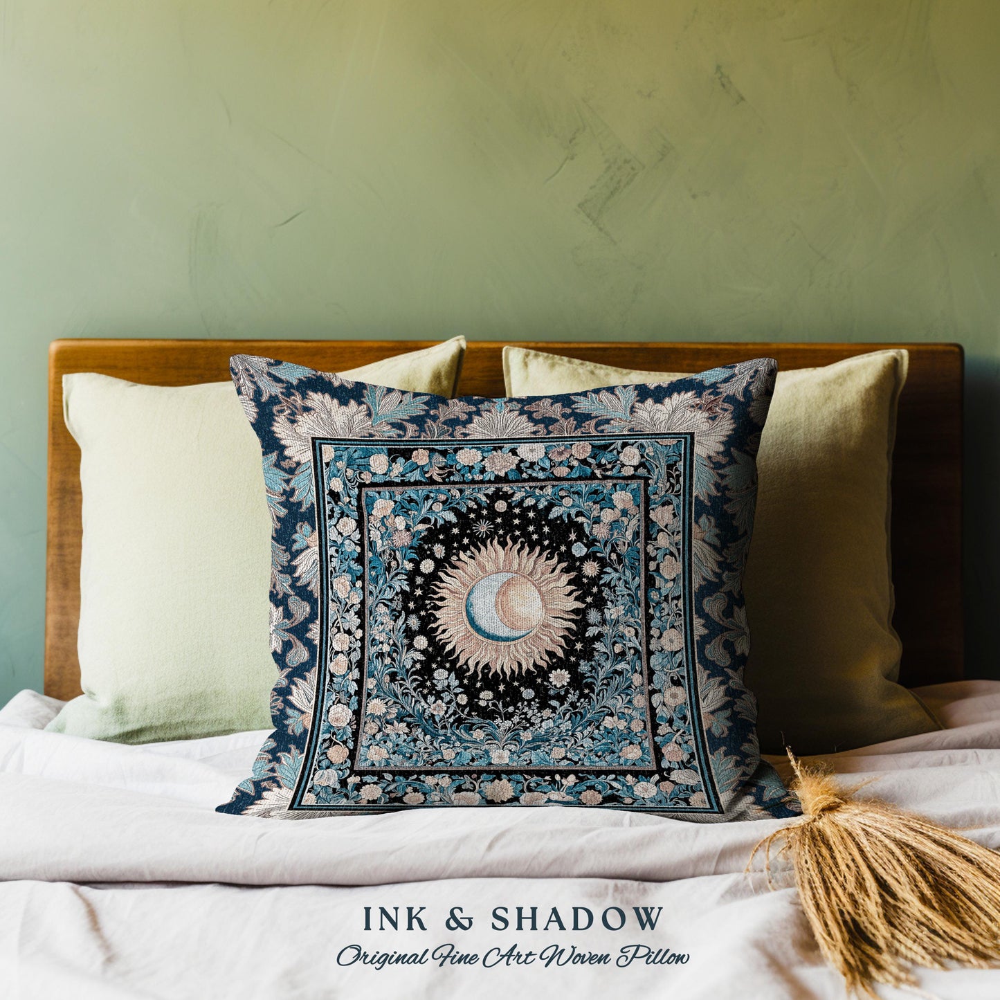 Lunar Energy Peaceful Bedroom Cushion | Gothic Bohemian Astrology Mystic Whimsical Sun & Moon Maximalist Witchy Tarot Woven Accent Pillow |
