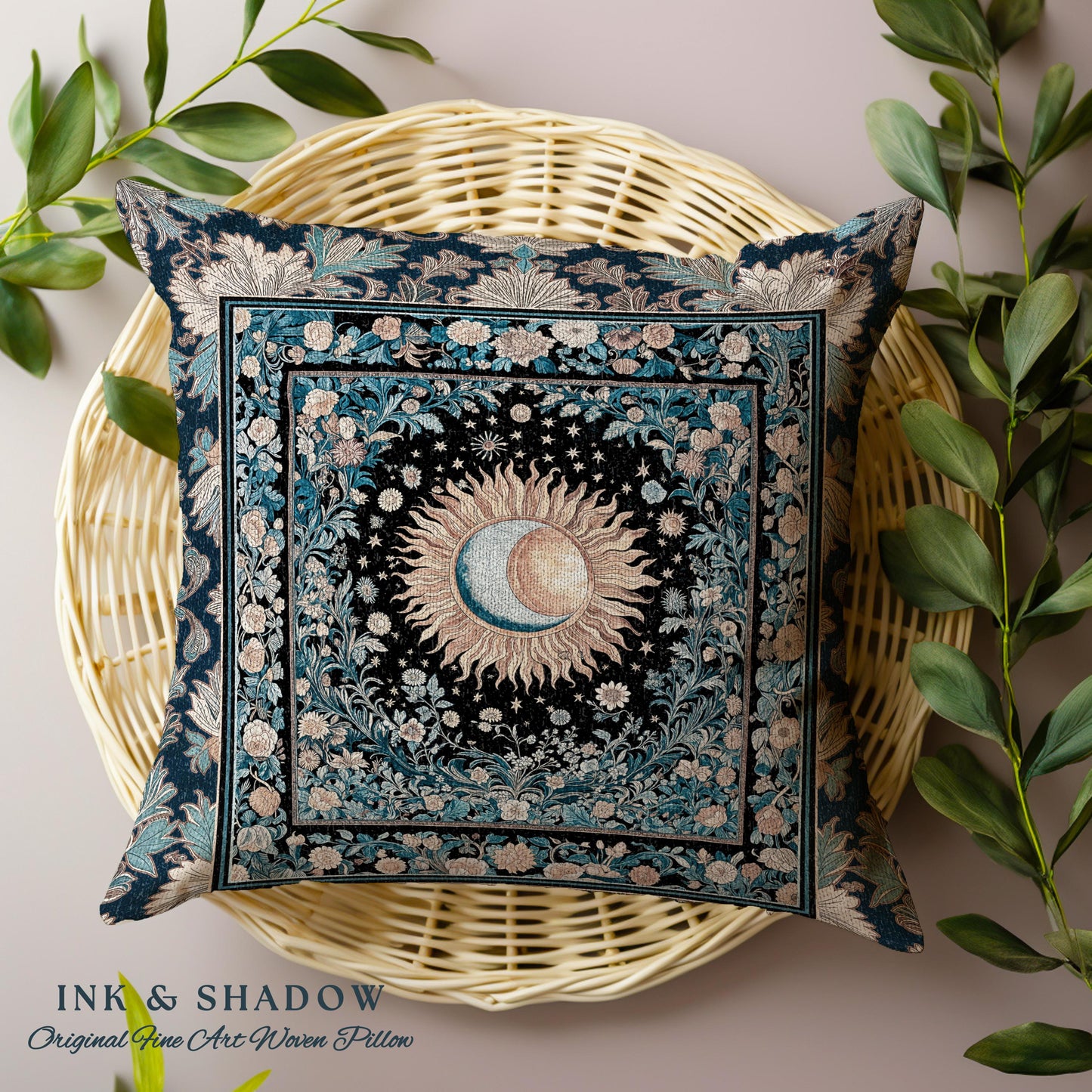 Lunar Energy Peaceful Bedroom Cushion | Gothic Bohemian Astrology Mystic Whimsical Sun & Moon Maximalist Witchy Tarot Woven Accent Pillow |
