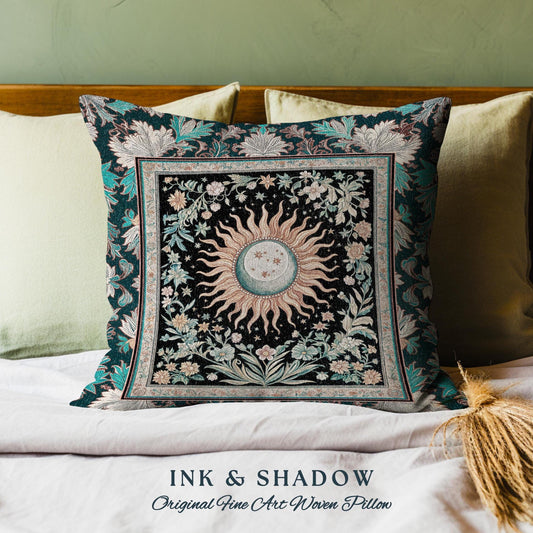 Enchanted Zodiac Mystic Accent Pillow | Celestial Gothic Tarot Inspired Astrology Bohemian Sun & Moon Witchy Maximalist Dreamy Woven Cushion