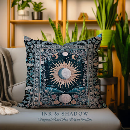 Whimsigothic Eclectic Moon Pillow | Celestial Boho Mystic Tarot-Inspired Astrology Bedroom Decor Witchy Maximalist Floral Aesthetic Cushion