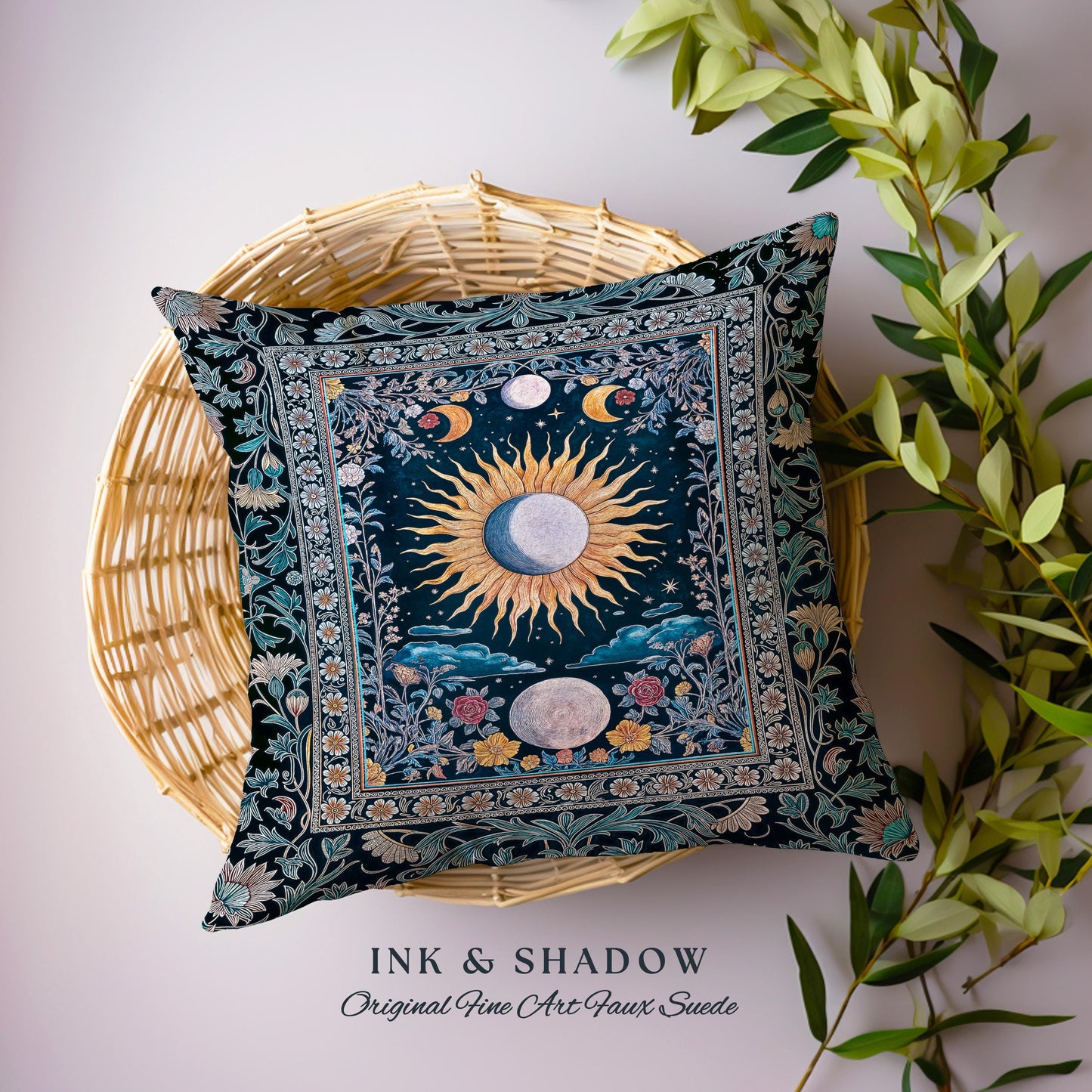 Whimsigothic Eclectic Moon Pillow | Celestial Boho Mystic Tarot-Inspired Astrology Bedroom Decor Witchy Maximalist Floral Aesthetic Cushion