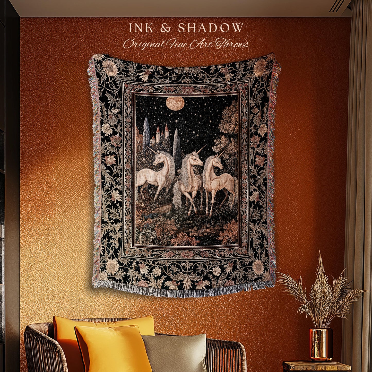 Medieval Ethereal Unicorn Tapestry | Goblincore Aesthetic Woven Blanket Ornate Vintage Gothic Baroque Florals Magical Wonders Bedroom Throw