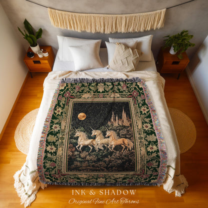 Fairytale Theme Moonlit Ethereal Tapestry | Unicorn Royalcore Woven Blanket Castle Aesthetic Dreamy Bedroom Baroque Home Accent Gothic Art |