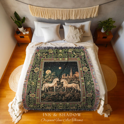 Dreamy Castle Landscape Unicorn Coverlet | Whimsical Elegance Bedroom Woven Throw Blanket Magical Storybook Aesthetic Fairytale Tapestry |