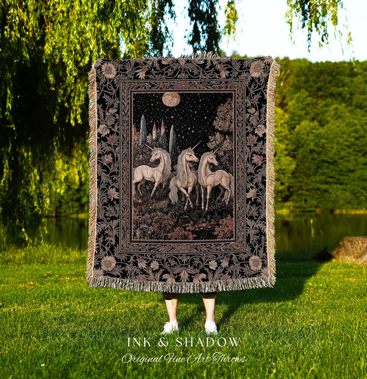 Medieval Ethereal Unicorn Tapestry | Goblincore Aesthetic Woven Blanket Ornate Vintage Gothic Baroque Florals Magical Wonders Bedroom Throw