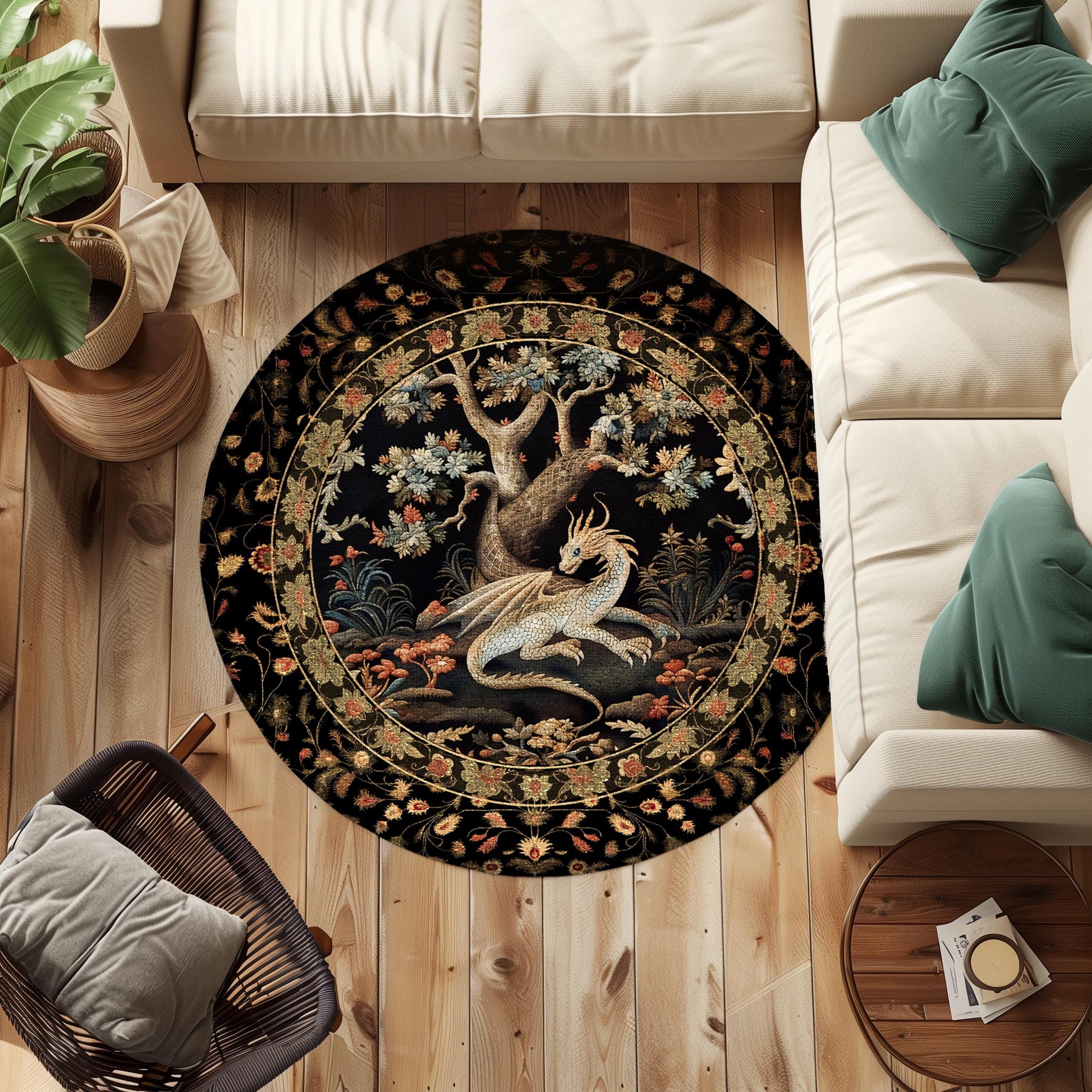 Medieval Aesthetic Dragon Rug | Ethereal Fairytale Inspired Nursery Decor Morris Style Cottagecore Aesthetic Fairycore Bedroom Botanical |