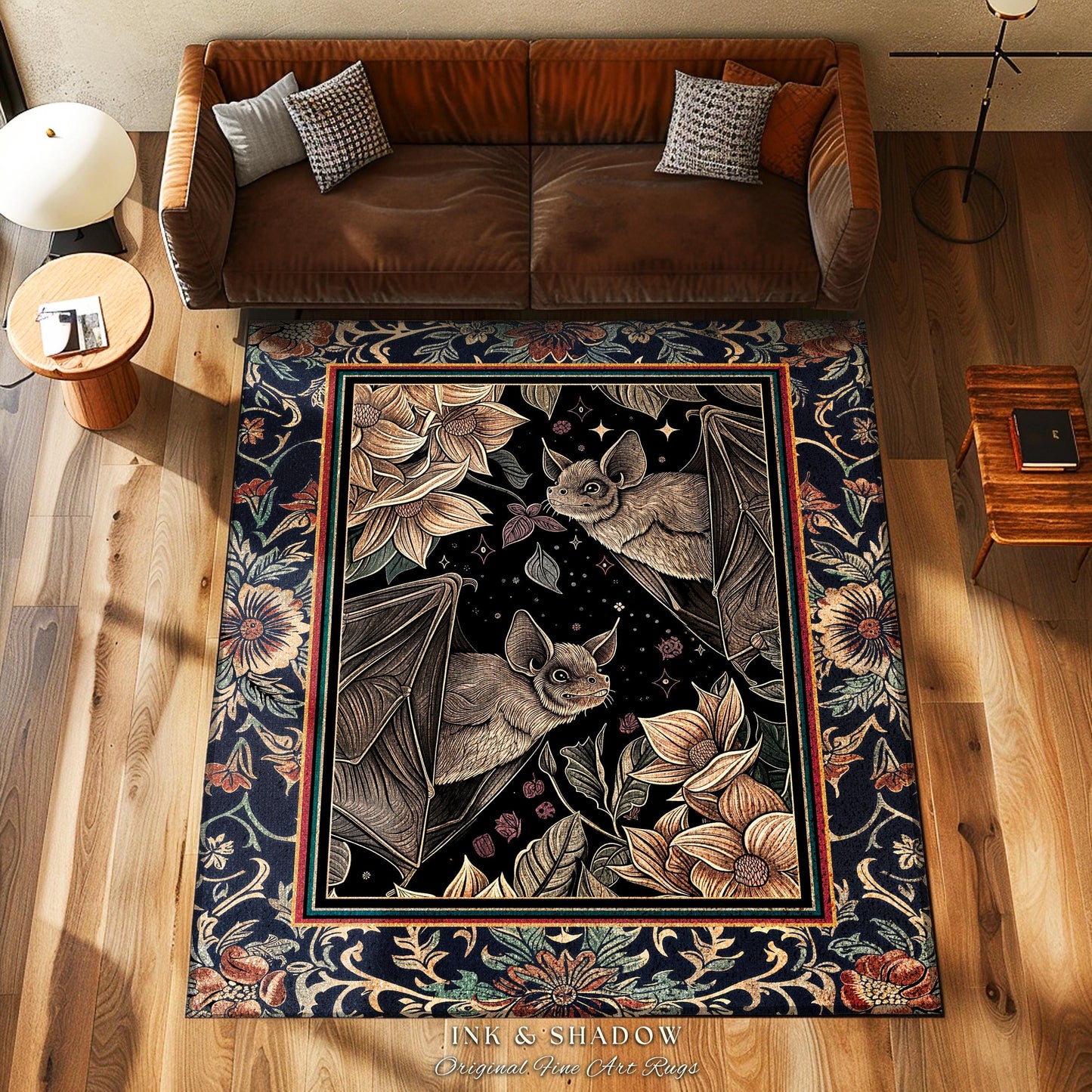 Dark Academia Mystic Bat Rug Woodland Gothic Victorian Decor | Enchanted Forest Bat Lover Nature Rug Celestial Boho Floral Cottagecore Decor