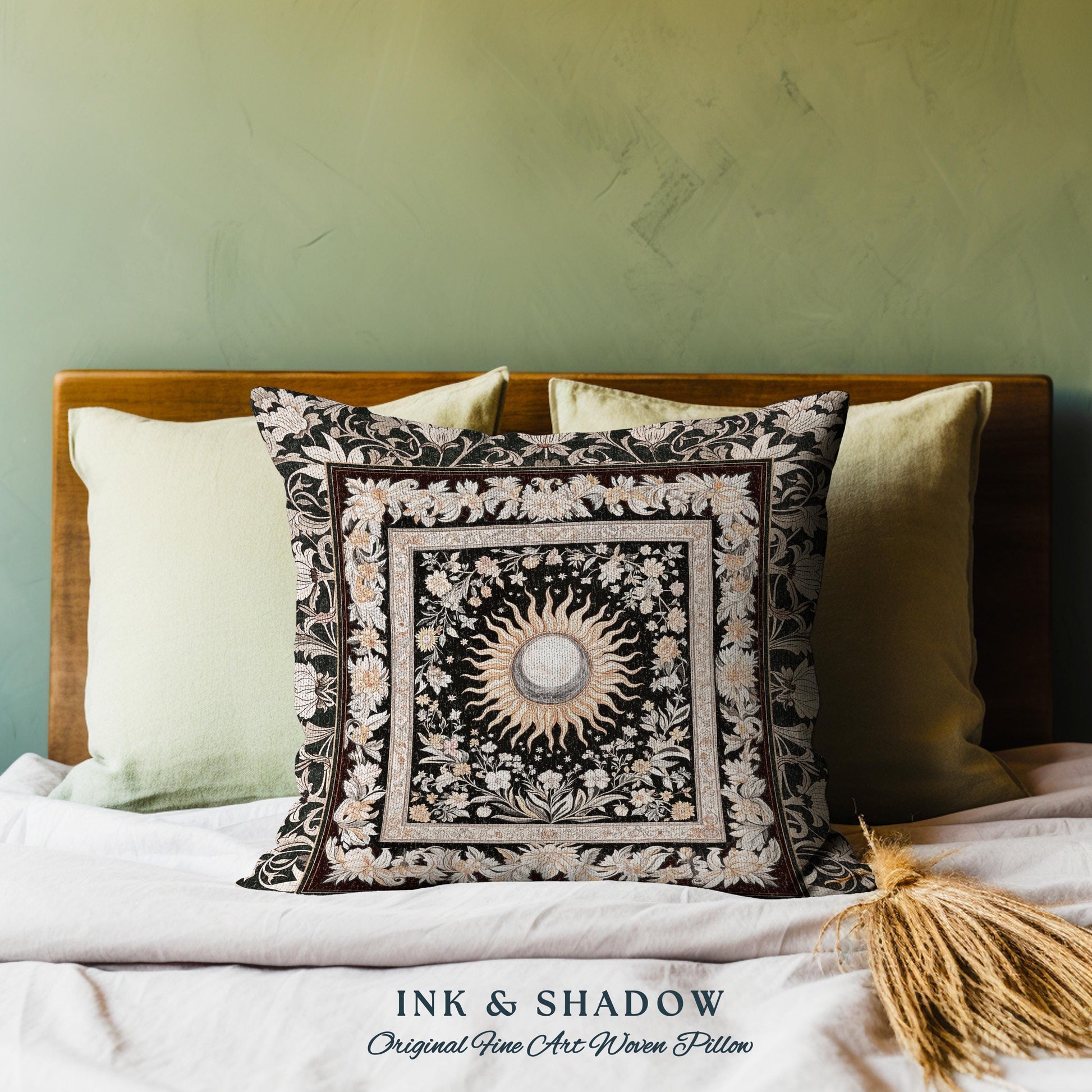 Divine Aesthetic Sun and Moon Pillow | Magical Astrology Celestial Whimsigothic Boho Bedroom Decor Mystic Magic Maximalist Witchy Cushion |