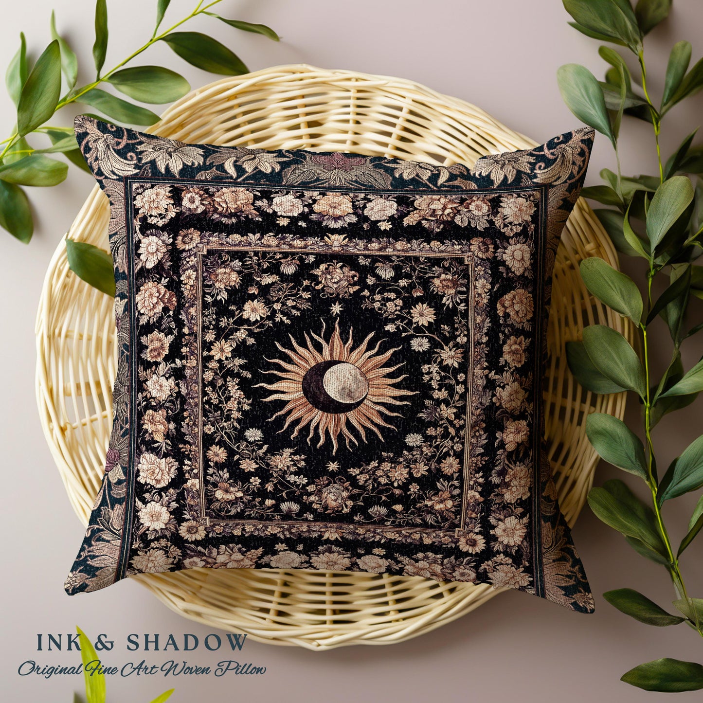Cosmic Elegance Celestial Pillow | Dark Cottagecore Moon and Sun Ethereal Divine Aesthetic Witchy Bohemian Eclectic Spiritual Woven Cushion