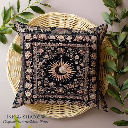 Cosmic Elegance Celestial Pillow | Dark Cottagecore Moon and Sun Ethereal Divine Aesthetic Witchy Bohemian Eclectic Spiritual Woven Cushion